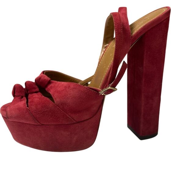 Aquazzura Mira Red Suede Platform Heels IT 37.5 US 7.5 Block Slingback Sandals - Picture 1 of 15